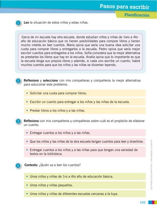 Pasos para escribir
                                                                               Planificación
1     Leo la situación de estos niños y estas niñas.



     Cerca de mi escuela hay otra escuela, donde estudian niños y niñas de 1ero a 4to
    año de educación básica que no tienen posibilidades para comprar libros y tienen
    mucho interés en leer cuentos. María opina que sería una buena idea solicitar una
    cuota para comprar libros y entregarlos a la escuela. Pedro opina que sería mejor
    escribir cuentos para entregarlos a los niños. Sofía considera que la mejor alternativa
    es prestarles los libros que hay en la escuela. Analía opina que lo importante es que
    la escuela tenga sus propios libros y además, si cada uno escribe un cuento, habrá
    muchos cuentos para que los niños y las niñas se diviertan leyendo.



2     Reflexiono y selecciono con mis compañeras y compañeros la mejor alternativa
      para solucionar este problema.

          Solicitar una cuota para comprar libros.

          Escribir un cuento para entregar a los niños y las niñas de la escuela.

          Prestar libros a los niños y a las niñas.


3     Reflexiono con mis compañeros y compañeras sobre cuál es el propósito de elaborar
      un cuento.

          Entregar cuentos a los niños y a las niñas.

          Que los niños y las niñas de la otra escuela tengan cuentos para leer y divertirse.


                                                                                                DISTRIBUCIÓN GRATUITA ­ PROHIBIDA LA VENTA
          Entregar cuentos a los niños y a las niñas para que tengan una variedad de
          textos en la biblioteca.


4     Contesto: ¿Quién va a leer los cuentos?


          Unos niños y niñas de 1ro a 4to año de educación básica.

          Unos niños y niñas pequeños.

          Unos niños y niñas de diferentes escuelas cercanas a la tuya.

                                                                                          131
 
