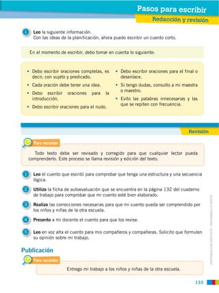 Pasos para escribir
                                                                  Redacción y revisión

 1     Leo la siguiente información.
       Con las ideas de la planificación, ahora puedo escribir un cuento corto.


     En el momento de escribir, debo tomar en cuenta lo siguiente:



      Debo escribir oraciones completas, es       Debo escribir oraciones para el final o
      decir, con sujeto y predicado.              desenlace.
      Cada oración debe tener una idea.           Si tengo dudas, consulto a mi maestra
                                                  o maestro.
      Debo escribir     oraciones   para   la
      introducción.                               Evito las palabras innecesarias y las
                                                  que se repiten con frecuencia.
      Debo escribir oraciones para el nudo.




                                                                                    Revisión

       Para recordar

       Todo texto debe ser revisado y corregido para que cualquier lector pueda
     comprenderlo. Este proceso se llama revisión y edición del texto.


 1     Leo el cuento que escribí para comprobar que tenga una estructura y una secuencia
       lógica.

 2     Utilizo la ficha de autoevaluación que se encuentra en la página 132 del cuaderno
       de trabajo para comprobar que mi cuento esté bien elaborado.


                                                                                               DISTRIBUCIÓN GRATUITA ­ PROHIBIDA LA VENTA
 3     Realizo las correcciones necesarias para que mi cuento pueda ser comprendido por
       los niños y niñas de la otra escuela.

 4     Presento a mi docente el cuento para que los revise.

 5     Leo en voz alta el cuento para mis compañeros y compañeras. Solicito que formulen
       su opinión sobre mi trabajo.

Publicación
       Para recordar

                       Entrego mi trabajo a los niños y niñas de la otra escuela.

                                                                                       133
 