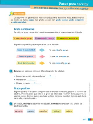 Pasos para escribir
                               Texto: grado comparativo y positivo del adjetivo

    Para recordar

    Los adjetivos son palabras que modifican al sustantivo de distinto modo. Esta diversidad
de modos se llama grados. Los grados pueden ser: grado positivo, grado comparativo
y grado superlativo.


    Grado comparativo
    Se utiliza el grado comparativo cuando se desea establecer una comparación. Ejemplo:


    Tú eres más alto que yo.     Tú eres tan alto como yo.       Tú eres menos alto que yo.


    El grado comparativo puede expresar tres cosas distintas:

         Grado de superioridad                       Tú eres más alto que yo.


           Grado de igualdad                         Tú eres tan alto como yo.


         Grado de inferioridad                       Tú eres menos alto que yo.



1   Completo las oraciones utilizando diferentes grados del adjetivo.

       Ecuador es un país más agrícola que           ?       .
       María es tan       ?          .
       El agua es menos          ?       .


                                                                                                    DISTRIBUCIÓN GRATUITA ­ PROHIBIDA LA VENTA
    Grado positivo
    El grado positivo no establece comparaciones ni expresa el más alto grado de la cualidad del
    adjetivo. Podemos decir que este es el grado de intensidad “neutral” de los adjetivos. Lo
    usamos cuando decimos que un ser, lugar u objeto tiene una cualidad. Ejemplo: pelo lacio;
    carro veloz; manos limpias,…


2   En parejas, clasifico los adjetivos del recuadro. Formulo oraciones con cada una de las
    palabras elegidas.

      excelente       malvado            magnífico        pésimo            óptimo



                                                                                              113
 