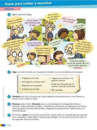 Pasos para hablar y escuchar
                                             Diálogo
                                                                                                            e
                                               1    Leo el siguiente diálogo                      No, aunqu
                                                                                                           rece
                                                                                                 ese me pa            ¿Más i
                                                                                                              .
                                                           onsejo                                  importante                mpo
                                                    o un c arles.       ¡Ya sé, abuelo,                                que la rtante
                                               Teng         d                                                                 sopa?
                                                     uiero            que comamos toda
                                               que q
                                                                            la sopa.                                                     onsejo,
                                                                                                                                   ¿Qué c ?




                                                                                                                Si
                                                                                                                                      abuelo




                                       ue las                                                                    es
                                 des q                                                                      abra                        Si, porq
                          n uste         mejor                           Yo soy muy pobre,             a pal oro?                                 ue nos
                   ¿ Sabía tenemos el                                                               ¿L       s                         acerca, n
                        nas            s?                                 no tengo tesoros             un te                                     os hace
                  perso e los tesoro                                                                                                 amigos,
                                                                                                                                             nos ayud
                         d                                                        Claro que tienes y lo                              decir cóm         aa
                                                                                                                                               o somos,
                                                                                   debemos cultivar.                                  qué pens
                                                                                                                                                amos.
                                                                                    ¿Saben cuál es?



                                                                                                                                Entonces, abuelo,
                                                                    ra            No                                       lo que nos quieres decir es
                                                               alab
                                                          La p                                                                que el mejor tesoro es
                                                                                                                                    conversar.

                                               2    Hago una lista de temas que me gustaría conversar con mis compañeros, por ejemplo:


                                                                 Programas de la tele.                Lugares que conozco o me
                                                                                                      gustaría conocer.
                                                                 Qué hago en el tiempo libre.
                                                                                                      Cosas que me gustan de mi
                                                                 Deportes que me gustan.              familia, cosas que cambiaría.
DISTRIBUCIÓN GRATUITA ­ PROHIBIDA LA VENTA




                                                                 Cuentos que he leído.                Mis mascotas.


                                               3    Comparto esta lista y en grupos de cuatro elegimos uno de estos temas y nos fijamos un
                                                    tiempo (cinco o siete minutos).

                                               4    Converso sobre el tema. Recuerdo que en una conversación o diálogo debo hablar y
                                                    escuchar. Hablar pidiendo la palabra, utilizando un volumen de voz adecuado y de manera
                                                    clara y pausada. Escuchar atentamente, integrando los aportes de los interlocutores a mi
                                                    forma de pensar.

                                               5    Al finalizar, realizo una ronda de conversación, donde cada uno comparte algo que aprendió
                                                    de su compañero. Puedo volver a realizar estos diálogos, con los otros temas de la lista, en
                                                    los siguientes días de la semana.


                                              116
 