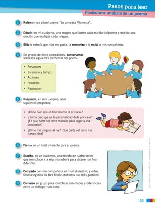 Pasos para leer
                                                    Poslectura: análisis de un poema

1   Releo en voz alta el poema “La princesa Filomena”.


2   Dibujo, en mi cuaderno, una imagen que ilustre cada estrofa del poema y escribo una
    oración que explique cada imagen.

3   Elijo la estrofa que más me gusta, la memorizo y la recito a mis compañeros.


4   En grupos de cinco compañeros, conversamos
    sobre los siguientes elementos del poema:

       Personajes
       Escenario y tiempo
       Acciones
       Problema
       Resolución


5   Respondo, en mi cuaderno, a las
    siguientes preguntas:

       ¿Cómo creo que es físicamente la princesa?
       ¿ Cómo creo que es la personalidad de la princesa?
       ¿En qué parte del texto me baso para llegar a esa
       conclusión?
       ¿Cómo me imagino al rey? ¿Qué parte del texto me
       da esa idea?




                                                                                                DISTRIBUCIÓN GRATUITA ­ PROHIBIDA LA VENTA
6   Pienso en un final diferente para el poema.


7   Escribo, en un cuaderno, una estrofa de cuatro versos
    que reemplace a la séptima estrofa para obtener un final
    diferente.

8   Comparto con mis compañeros el final alternativo y entre
    todos elegimos los tres finales distintos que más gustaron.

9   Converso en grupo para identificar similitudes y diferencias
    entre un diálogo y una rima.



                                                                                          133
 