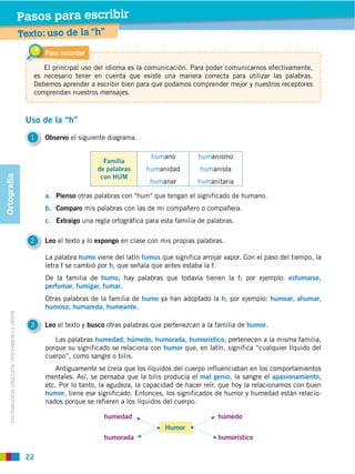 Pasos para escribir
                                                  Texto: uso de la “h”
                                                        Para recordar


                                                     es necesario tener en cuenta que existe una manera correcta para utilizar las palabras.
                                                     Debemos aprender a escribir bien para que podamos comprender mejor y nuestros receptores
                                                     comprendan nuestros mensajes.



                                                   Uso de la “h”
                                                    1   Observo el siguiente diagrama.

                                                                                           humano          humanismo
                                                                           Familia
                                                                         de palabras      humanidad         humanista
                                                                          con HUM
Ortografía




                                                                                           humanar         humanitaria

                                                        a. Pienso otras palabras con "hum" que tengan el significado de humano.
                                                        b. Comparo mis palabras con las de mi compañero o compañera.
                                                        c. Extraigo una regla ortográfica para esta familia de palabras.

                                                    2   Leo el texto y lo expongo en clase con mis propias palabras.

                                                        La palabra humo viene del latín fumus que significa arrojar vapor. Con el paso del tiempo, la
                                                        letra f se cambió por h, que señala que antes estaba la f.
                                                        De la familia de humo, hay palabras que todavía tienen la f; por ejemplo: esfumarse,
                                                        perfumar, fumigar, fumar.
                                                                                         humo ya han adoptado la h; por ejemplo: humear, ahumar,
                                                        humoso, humareda, humeante.
     DISTRIBUCIÓN GRATUITA ­ PROHIBIDA LA VENTA




                                                    3   Leo el texto y busco otras palabras que pertenezcan a la familia de humor.

                                                           Las palabras                                             pertenecen a la misma familia,
                                                        porque su significado se relaciona con humor que, en latín, significa “cualquier líquido del
                                                        cuerpo”, como sangre o bilis.
                                                          Antiguamente se creía que los líquidos del cuerpo influenciaban en los comportamientos
                                                        mentales. Así, se pensaba que la bilis producía el mal genio, la sangre el apasionamiento,

                                                        humor, tiene ese significado. Entonces, los significados de humor y humedad están relacio-
                                                        nados porque se refieren a los líquidos del cuerpo.

                                                                           humedad                                húmedo
                                                                                                Humor
                                                                           humorada

                                                   22
 