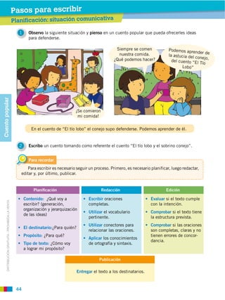 Pasos para escribir
                                                    Planificación: situación comunicativa

                                                      1     Observo la siguiente situación y pienso en un cuento popular que pueda ofrecerles ideas
                                                            para defenderse.

                                                                                                              Siempre se comen
                                                                                                               nuestra comida.              la astucia del co
                                                                                                             ¿Qué podemos hacer?                              nejo,
                                                                                                                                              del cuento “El
                                                                                                                                                              Tío
                                                                                                                                                    Lobo”
Cuento popular




                                                                                      ¡Se comieron
                                                                                       mi comida!




                                                      2     Escribo un cuento tomando como referente el cuento “El tío lobo y el sobrino conejo”.


                                                            Para recordar


                                                       editar y, por último, publicar.


                                                               Planiﬁcación                           Redacción                           Edición

                                                                       ¿Qué voy a                     oraciones                            si el texto cumple
       DISTRIBUCIÓN GRATUITA ­ PROHIBIDA LA VENTA




                                                          escribir? (generación,               completas.                         con la intención.
                                                          organización y jerarquización
                                                                                                       el vocabulario                         si el texto tiene
                                                          de las ideas)
                                                                                               pertinente.                        la estructura prevista.
                                                                                                       conectores para                        si las oraciones
                                                                                               relacionar las oraciones.          son completas, claras y no
                                                                                                                                  tienen errores de concor
                                                                                                       los conocimientos
                                                                                                                                  dancia.
                                                                         ¿Cómo voy             de ortografía y sintaxis.
                                                          a lograr mi propósito?

                                                                                                     Publicación

                                                                                         Entregar el texto a los destinatarios.



                                                     44
 