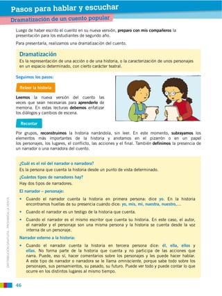 Pasos para hablar y escuchar
                                             Dramatización de un cuento popular
                                              Luego de haber escrito el cuento en su nueva versión, preparo con mis compañeros la
                                              presentación para los estudiantes de segundo año.



                                                Dramatización
                                                Es la representación de una acción o de una historia, o la caracterización de unos personajes
                                                en un espacio determinado, con cierto carácter teatral.

                                              Seguimos los pasos:

                                                Releer la historia

                                              Leemos la nueva versión del cuento las
                                              veces que sean necesarias para aprenderlo de
                                              memoria. En estas lecturas debemos enfatizar
                                              los diálogos y cambios de escena.

                                                Recontar

                                                           reconstruimos la historia narrándola, sin leer. En este momento, subrayamos los
                                              elementos más importantes de la historia y anotamos en el pizarrón o en un papel
                                              los personajes, los lugares, el conflicto, las acciones y el final. También definimos la presencia de
                                              un narrador o una narradora del cuento.


                                                ¿Cuál es el rol del narrador o narradora?
                                                Es la persona que cuenta la historia desde un punto de vista determinado.
                                                ¿Cuántos tipos de narradores hay?
                                                Hay dos tipos de narradores.
                                                El narrador – personaje:
                                                   Cuando el narrador cuenta la historia en primera persona: dice yo. En la historia
DISTRIBUCIÓN GRATUITA ­ PROHIBIDA LA VENTA




                                                   encontramos huellas de su presencia cuando dice: yo, mis, mi, nuestra, nuestro,…
                                                   Cuando el narrador es un testigo de la historia que cuenta.
                                                   Cuando el narrador es el mismo escritor que cuenta su historia. En este caso, el autor,
                                                   el narrador y el personaje son una misma persona y la historia se cuenta desde la voz
                                                   interna de un personaje.
                                                Narrador externo a la historia:
                                                   Cuando el narrador cuenta la historia en tercera persona dice: él, ella, ellos y
                                                   ellas. No forma parte de la historia que cuenta y no participa de las acciones que

                                                   A este tipo de narrador o narradora se le llama omnisciente, porque sabe todo sobre los

                                                   ocurre en los distintos lugares al mismo tiempo.


                                              46
 