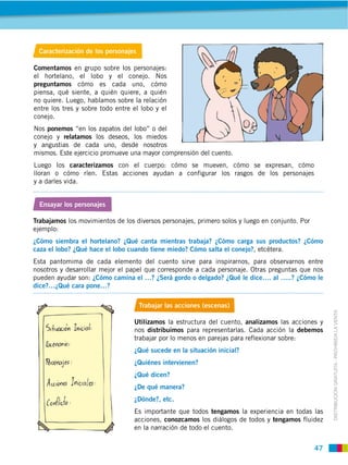 Caracterización de los personajes

Comentamos en grupo sobre los personajes:
el hortelano, el lobo y el conejo. Nos
preguntamos cómo es cada uno, cómo
piensa, qué siente, a quién quiere, a quién
no quiere. Luego, hablamos sobre la relación
entre los tres y sobre todo entre el lobo y el
conejo.
Nos ponemos “en los zapatos del lobo” o del
conejo y relatamos los deseos, los miedos
y angustias de cada uno, desde nosotros
mismos. Este ejercicio promueve una mayor comprensión del cuento.
Luego los caracterizamos con el cuerpo: cómo se mueven, cómo se expresan, cómo
lloran o cómo ríen. Estas acciones ayudan a configurar los rasgos de los personajes
y a darles vida.


  Ensayar los personajes

Trabajamos
ejemplo:
¿Cómo siembra el hortelano? ¿Qué canta mientras trabaja? ¿Cómo carga sus productos? ¿Cómo
caza el lobo? ¿Qué hace el lobo cuando tiene miedo? Cómo salta el conejo?, etcétera.
Esta pantomima de cada elemento del cuento sirve para inspirarnos, para observarnos entre
nosotros y desarrollar mejor el papel que corresponde a cada personaje. Otras preguntas que nos
pueden ayudar son: ¿Cómo camina el …? ¿Será gordo o delgado? ¿Qué le dice…. al …..? ¿Cómo le
dice?…¿Qué cara pone…?

                                     Trabajar las acciones (escenas)



                                                                                                    DISTRIBUCIÓN GRATUITA ­ PROHIBIDA LA VENTA
                                              la estructura del cuento, analizamos las acciones y
                                  nos distribuimos para representarlas. Cada acción la debemos
                                  trabajar por lo menos en parejas para reflexionar sobre:
                                  ¿Qué sucede en la situación inicial?
                                  ¿Quiénes intervienen?
                                  ¿Qué dicen?
                                  ¿De qué manera?
                                  ¿Dónde?, etc.
                                  Es importante que todos tengamos la experiencia en todas las
                                  acciones, conozcamos los diálogos de todos y tengamos fluidez
                                  en la narración de todo el cuento.


                                                                                              47
 