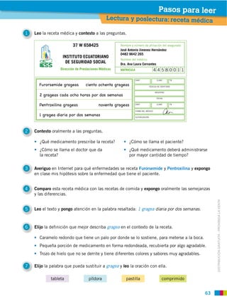 Pasos para leer
                                                Lectura y poslectura: receta médica

1   Leo la receta médica y contesto a las preguntas.

                          37 W 658425                 Nombre y número de afiliación del asegurado
                                                      José Antonio Jimenez Hernández
                                                      0482 9642 265
                   INSTITUTO ECUATORIANO
                                                      Nombre del médico:
                    DE SEGURIDAD SOCIAL               Dra. Ana Laura Cervantes
                  Dirección de Prestaciones Médicas   MATRICULA               44580011

                                                                  CANT                       TB

      !"#$#%&'()&*+#,+&,%         .(&13$*$./&13,*+#,+&,%                   CÉDULA DE IDENTIDAD



      -*+#,+&,%*.,),*$./$*/$#,%*0$#*)$%*%&',1,%
                                                                                 FECHA


      2&13#$4(5(1,*+#,+&,%                1$6&13,*+#,+&,%         CANT                       TB




      7*+#,+&,*)(,#(,*0$#*)$%*%&',1,%


2   Contesto oralmente a las preguntas.

      ¿Qué medicamento prescribe la receta?                 ¿Cómo se llama el paciente?
      ¿Cómo se llama el doctor que da                       ¿Qué medicamento deberá administrarse
      la receta?                                            por mayor cantidad de tiempo?


3   Averiguo en Internet para qué enfermedades se receta Furorsemide y Pentroxilina y expongo
    en clase mis hipótesis sobre la enfermedad que tiene el paciente.


4   Comparo esta receta médica con las recetas de comida y expongo oralmente las semejanzas
    y las diferencias.




                                                                                                         DISTRIBUCIÓN GRATUITA ­ PROHIBIDA LA VENTA
5   Leo el texto y pongo atención en la palabra resaltada: 1 gragea diaria por dos semanas.



6   Elijo la definición que mejor describa gragea en el contexto de la receta.

      Caramelo redondo que tiene un palo por donde se lo sostiene, para meterse a la boca.
      Pequeña porción de medicamento en forma redondeada, recubierta por algo agradable.
      Trozo de hielo que no se derrite y tiene diferentes colores y sabores muy agradables.

7   Elijo la palabra que pueda sustituir a gragea y leo la oración con ella.

            tableta                 píldora               pastilla                    comprimido


                                                                                                    63
 