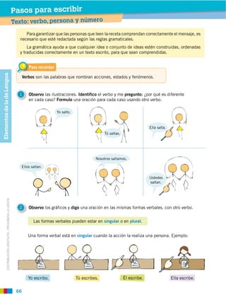 Pasos para escribir
                                                          Texto: verbo, persona y número
                                                               Para garantizar que las personas que leen la receta comprendan correctamente el mensaje, es
                                                            necesario que esté redactada según las reglas gramaticales.
                                                                La gramática ayuda a que cualquier idea o conjunto de ideas estén construidas, ordenadas
                                                            y traducidas correctamente en un texto escrito, para que sean comprendidas.


                                                                   Para recordar
Elementos de la de Lengua




                                                                Verbos son las palabras que nombran acciones, estados y fenómenos.


                                                            1      Observo las ilustraciones. Identifico el verbo y me pregunto: ¿por qué es diferente
                                                                   en cada caso? Formulo una oración para cada caso usando otro verbo.

                                                                                   Yo salto.



                                                                                                                                         Ella salta.
                                                                                                              Tú saltas.




                                                                                                         Nosotros saltamos.

                                                             Ellos saltan.

                                                                                                                                         Ustedes
                                                                                                                                         saltan.
             DISTRIBUCIÓN GRATUITA ­ PROHIBIDA LA VENTA




                                                            2      Observo los gráficos y digo una oración en las mismas formas verbales, con otro verbo.


                                                                     Las formas verbales pueden estar en singular o en plural.


                                                                   Una forma verbal está en singular cuando la acción la realiza una persona. Ejemplo:




                                                                   Yo escribo.                 Tú escribes.                Él escribe.                 Ella escribe.


                                                           66
 