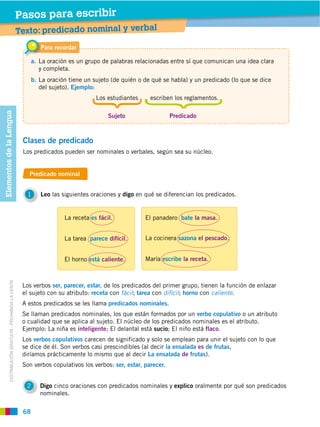 Pasos para escribir
                                                         Texto: predicado nominal y verbal
                                                                  Para recordar

                                                               a. La oración es un grupo de palabras relacionadas entre sí que comunican una idea clara
                                                                  y completa.
                                                               b. La oración tiene un sujeto (de quién o de qué se habla) y un predicado (lo que se dice
                                                                  del sujeto). Ejemplo:
                                                                                       Los estudiantes     escriben los reglamentos.
Elementos de la Lengua




                                                                                            Sujeto                  Predicado



                                                          Clases de predicado
                                                          Los predicados pueden ser nominales o verbales, según sea su núcleo.


                                                            Predicado nominal


                                                            1     Leo las siguientes oraciones y digo en qué se diferencian los predicados.


                                                                           La receta es fácil.           El panadero bate la masa.


                                                                           La tarea parece difícil.      La cocinera sazona el pescado.


                                                                           El horno está caliente.       María escribe la receta.
            DISTRIBUCIÓN GRATUITA ­ PROHIBIDA LA VENTA




                                                          Los verbos ser, parecer, estar, de los predicados del primer grupo, tienen la función de enlazar
                                                          el sujeto con su atributo: receta con fácil; tarea con difícil; horno con caliente.
                                                          A estos predicados se les llama predicados nominales.
                                                          Se llaman predicados nominales, los que están formados por un verbo copulativo o un atributo
                                                          o cualidad que se aplica al sujeto. El núcleo de los predicados nominales es el atributo.
                                                          Ejemplo: La niña es inteligente; El delantal está sucio; El niño está flaco.
                                                          Los verbos copulativos carecen de significado y solo se emplean para unir el sujeto con lo que
                                                          se dice de él. Son verbos casi prescindibles (al decir la ensalada es de frutas,
                                                          diríamos prácticamente lo mismo que al decir La ensalada de frutas).
                                                          Son verbos copulativos los verbos: ser, estar, parecer.


                                                           2      Digo cinco oraciones con predicados nominales y explico oralmente por qué son predicados
                                                                  nominales.


                                                          68
 