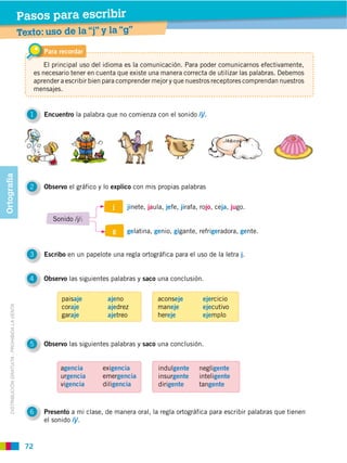Pasos para escribir
                                                  Texto: uso de la “j” y la “g”
                                                            Para recordar
                                                             El principal uso del idioma es la comunicación. Para poder comunicarnos efectivamente,
                                                         es necesario tener en cuenta que existe una manera correcta de utilizar las palabras. Debemos
                                                         aprender a escribir bien para comprender mejor y que nuestros receptores comprendan nuestros
                                                         mensajes.


                                                     1      Encuentro la palabra que no comienza con el sonido /j/.
Ortografía




                                                     2      Observo el gráfico y lo explico con mis propias palabras


                                                                                    j    jinete, jaula, jefe, jirafa, rojo, ceja, jugo.
                                                               Sonido /j/:
                                                                                    g    gelatina, genio, gigante, refrigeradora, gente.


                                                     3      Escribo en un papelote una regla ortográfica para el uso de la letra j.


                                                     4      Observo las siguientes palabras y saco una conclusión.


                                                                  paisaje         ajeno             aconseje          ejercicio
                                                                  coraje          ajedrez           maneje            ejecutivo
     DISTRIBUCIÓN GRATUITA ­ PROHIBIDA LA VENTA




                                                                  garaje          ajetreo           hereje            ejemplo



                                                     5      Observo las siguientes palabras y saco una conclusión.


                                                                  agencia       exigencia            indulgente      negligente
                                                                  urgencia      emergencia           insurgente      inteligente
                                                                  vigencia      diligencia           dirigente       tangente



                                                     6      Presento a mi clase, de manera oral, la regla ortográfica para escribir palabras que tienen
                                                            el sonido /j/.


                                                    72
 