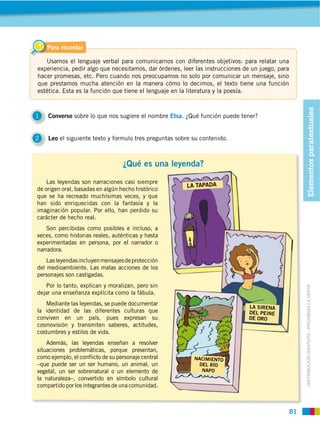 Para recordar

   Usamos el lenguaje verbal para comunicarnos con diferentes objetivos: para relatar una
experiencia, pedir algo que necesitamos, dar órdenes, leer las instrucciones de un juego, para
hacer promesas, etc. Pero cuando nos preocupamos no solo por comunicar un mensaje, sino
que prestamos mucha atención en la manera cómo lo decimos, el texto tiene una función
estética. Esta es la función que tiene el lenguaje en la literatura y la poesía.




                                                                                                      Elementos paratextuales
1   Converso sobre lo que nos sugiere el nombre Etsa. ¿Qué función puede tener?


2   Leo el siguiente texto y formulo tres preguntas sobre su contenido.



                                  ¿Qué es una leyenda?

    Las leyendas son narraciones casi siempre
                                                       LA TAPADA
de origen oral, basadas en algún hecho histórico
que se ha recreado muchísimas veces, y que
han sido enriquecidas con la fantasía y la
imaginación popular. Por ello, han perdido su
carácter de hecho real.
    Son percibidas como posibles e incluso, a
veces, como historias reales, auténticas y hasta
experimentadas en persona, por el narrador o
narradora.
    Las leyendas incluyen mensajes de protección
del medioambiente. Las malas acciones de los
personajes son castigadas.
   Por lo tanto, explican y moralizan, pero sin


                                                                                                      DISTRIBUCIÓN GRATUITA ­ PROHIBIDA LA VENTA
dejar una enseñanza explícita como la fábula.
   Mediante las leyendas, se puede documentar
                                                                               LA SIRENA
la identidad de las diferentes culturas que                                    DEL PEINE
conviven en un país, pues expresan su                                          DE ORO
cosmovisión y transmiten saberes, actitudes,
costumbres y estilos de vida.
    Además, las leyendas enseñan a resolver
situaciones problemáticas, porque presentan,
como ejemplo, el conﬂicto de su personaje central         NACIMIENTO
–que puede ser un ser humano, un animal, un                 DEL RÍO
vegetal, un ser sobrenatural o un elemento de                NAPO
la naturaleza–, convertido en símbolo cultural
compartido por los integrantes de una comunidad.



                                                                                                 81
 
