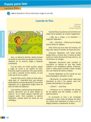 Pasos para leer
                                                        Leclectura a
                                                        Pre tura: Ets

                                                           1   Leo la leyenda en forma silenciosa y luego en voz alta.



                                                                                               Leyenda de Etsa
                                                                                                                                                Anónimo
                                                                                                                                              Informate:
                                                                                                                                          Ampam Karakrás

                                                                                                              Cuando Etsa y la paloma se encontraron en
Leyendas tradicionales




                                                                                                            medio de la soledad, se miraron largamente.
                                                                                                               —¿Me vas a matar a mí también? —
                                                                                                            preguntó Yápankam.
                                                                                                               —No, —dijo Etsa. —Parece que he dejado
                                                                                                            toda la selva sin pájaros.
                                                                                                               Etsa sintió que se le iban las fuerzas y se
                                                                                                            dejó caer sobre el colchón de hojas del piso.
                                                                                                               Entonces Yápankam voló hasta donde
                                                                                                            estaba Etsa y, al poco rato, a fuerza de estar
                                                               Iwia, un demonio terrible, desde siempre     juntos en medio de ese bullicioso silencio, se
                                                           ha tenido la costumbre de atrapar a los shuar,   convirtieron en amigos.
                                                           meterlos en su enorme shigra y después
                                                                                                               Yápankam aprovechó para contarle al
                                                           comérselos.
                                                                                                            muchacho la manera en que Iwia había
                                                              Fue así como, en cierta ocasión, atrapó       matado a sus verdaderos padres. Entonces,
                                                           y luego se comió a los padres de Etsa.           nada ni nadie podía consolar a Etsa: lloraba
                                                           Entonces raptó al poderoso niño para tenerlo     con una mezcla de rabia y tristeza.
                                                           a su lado y, durante mucho tiempo, le hizo
                                                                                                               Cuando Yápankam se dio cuenta de que
                                                           creer que él era su padre.
                                                                                                            Etsa empezaba a calmarse, le dijo:
                                                              Cuando Etsa creció, todos los días salía a
                                                                                                               —Muchacho, no puedes hacer nada para
                                                           cazar para el insaciable Iwia, que siempre
                                                                                                            devolverle la vida a tus padres, pero aún
                                                           pedía pájaros a manera de postre. El muchacho
           DISTRIBUCIÓN GRATUITA ­ PROHIBIDA LA VENTA




                                                                                                            puedes devolvérsela a los pájaros.
                                                           regresaba con la gigantesca shigra llena de
                                                           aves de todas las especies.                          —¿Cómo?, —dijo Etsa.
                                                               Una mañana, cuando apenas empezaba su           —Introduce en la cerbatana las plumas
                                                           cacería, descubrió que la selva estaba en        de los pájaros que has matado, y sopla, la
                                                           silencio. Ya no había pájaros coloridos por      paloma explicó.
                                                           ninguna parte. Solo quedaba la paloma
                                                                                                                El muchacho lo hizo y de inmediato
                                                           Yápankam, posada sobre las ramas de una
                                                                                                            empezaron a salir miles de pájaros de todos
                                                           malitagua.
                                                                                                            los colores que levantaron el vuelo y con su
                                                                                                            alegría poblaron nuevamente la selva.




                                                         82
 