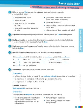Pasos para leer
                                    Poslectura: extraer conclusiones y vocabu
                                                                                                     lario
1   Releo la leyenda Etsa y en parejas respondo las preguntas que me ayudan
    a comprenderla mejor.

          ¿Quiénes son los shuar?                             ¿Qué pensó Etsa cuando descubrió
                                                              que la selva estaba en silencio?
          ¿Quién es Iwia?
                                                              ¿Quién es Yápankam?
          ¿Qué les ocurrió a los padres
          de Etsa?                                            ¿Qué hizo Etsa cuando supo lo que había
                                                              hecho Iwia?
          ¿Qué debía hacer Etsa por pedido
          de Iwia?                                            ¿Cómo reparó el daño causado a la selva?




                                                                                                             Comprensión del texto
2   Explico a mis compañeros y compañeras las razones por las que Etsa es una leyenda.


3   Realizo un cuadro en un papelote. En una columna, registro los elementos fantásticos;
    y en otra, los elementos reales de la leyenda Etsa.

4   Explico a mis compañeros y compañeras los rasgos culturales de los shuar, que expresa
    la leyenda Etsa.

5   Leo el texto y sustituyo los espacios por las palabras que corresponden.

    Una            ?     cuando apenas empezaba su               ?       , descubrió      ?
    la         ?       estaba en      ?       . Ya        ?          había    ?        coloridos
    por            ?    parte. Solo quedaba la        ?          Yápankam, posada            ?
    las            ?   de una malitagua.

6   Encuentro el significado de las palabras o frases señaladas.

    El texto dice:



                                                                                                             DISTRIBUCIÓN GRATUITA ­ PROHIBIDA LA VENTA
    … a fuerza de estar juntos en medio de ese bullicioso silencio, se convirtieron en amigos.
          El significado de bullicio es: ruido y rumor que causa mucha gente.
          El significado de silencio es: falta de ruido.

    Completo la oración:
    Bullicioso silencio significa … porque …

    El texto dice:
    –-Introduce en la cerbatana las plumas de los pájaros que has matado…

          Canuto en que se introducen flechas                 Trompetilla para los sordos.
          u otras cosas, para despedirlos
                                                              Cañón de muy poco calibre usado
          soplando con violencia por uno de
                                                              antiguamente.
          sus extremos.

                                                                                                        83
 