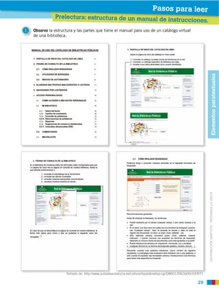 Pasos para leer
               Prelectura: estructura de un manual de
                                                                             instrucciones.
1   Observo la estructura y las partes que tiene el manual para uso de un catálogo virtual
    de una biblioteca.




                                                                                                       Elementos paratextuales
                                                                                                  DISTRIBUCIÓN GRATUITA ­ PROHIBIDA LA VENTA




                                                                                             29
 