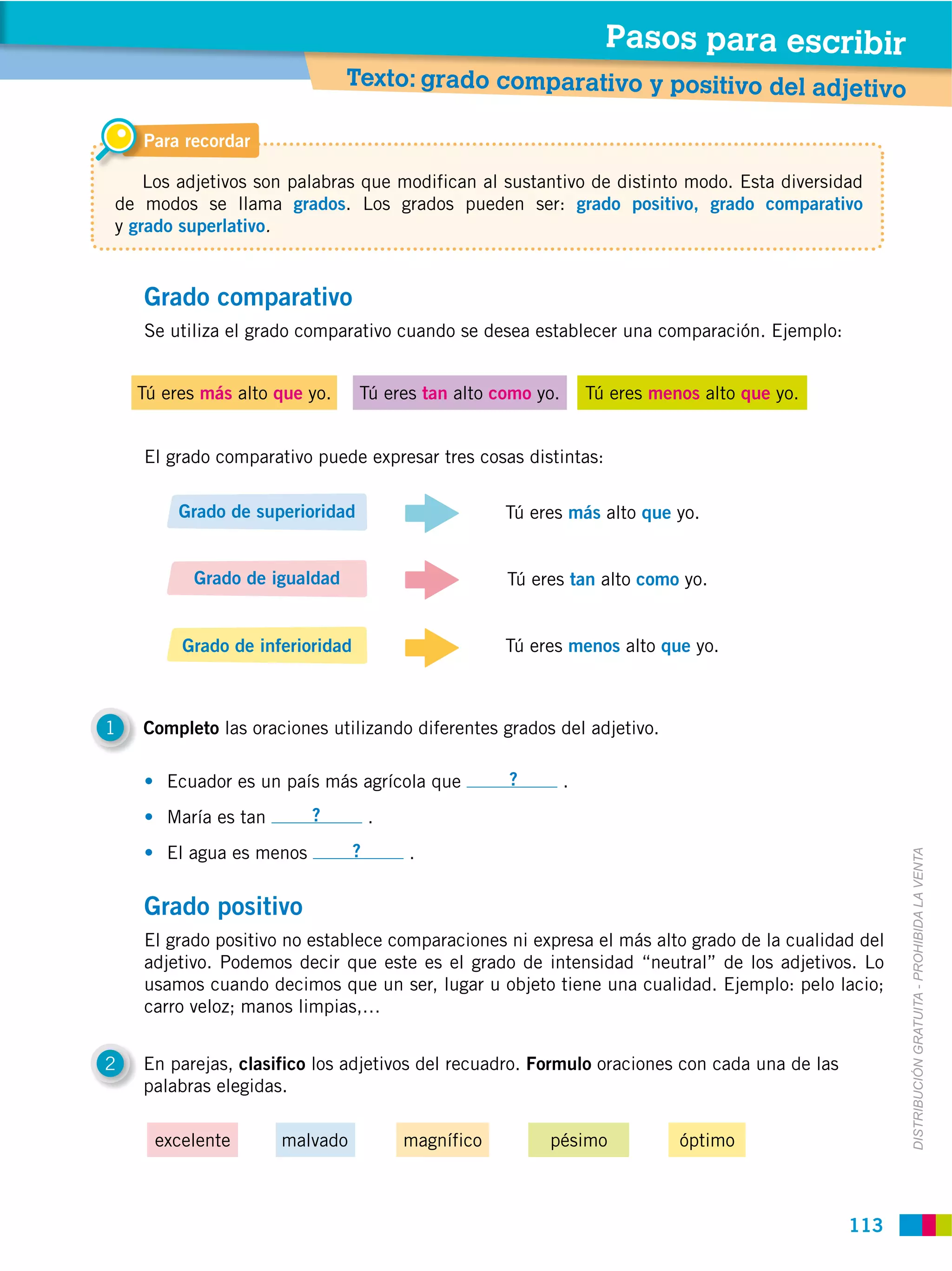 Pasos para escribir
                               Texto: grado comparativo y positivo del adjetivo

    Para recordar

    Los adjetivos son palabras que modifican al sustantivo de distinto modo. Esta diversidad
de modos se llama grados. Los grados pueden ser: grado positivo, grado comparativo
y grado superlativo.


    Grado comparativo
    Se utiliza el grado comparativo cuando se desea establecer una comparación. Ejemplo:


    Tú eres más alto que yo.     Tú eres tan alto como yo.       Tú eres menos alto que yo.


    El grado comparativo puede expresar tres cosas distintas:

         Grado de superioridad                       Tú eres más alto que yo.


           Grado de igualdad                         Tú eres tan alto como yo.


         Grado de inferioridad                       Tú eres menos alto que yo.



1   Completo las oraciones utilizando diferentes grados del adjetivo.

       Ecuador es un país más agrícola que           ?       .
       María es tan       ?          .
       El agua es menos          ?       .


                                                                                                    DISTRIBUCIÓN GRATUITA ­ PROHIBIDA LA VENTA
    Grado positivo
    El grado positivo no establece comparaciones ni expresa el más alto grado de la cualidad del
    adjetivo. Podemos decir que este es el grado de intensidad “neutral” de los adjetivos. Lo
    usamos cuando decimos que un ser, lugar u objeto tiene una cualidad. Ejemplo: pelo lacio;
    carro veloz; manos limpias,…


2   En parejas, clasifico los adjetivos del recuadro. Formulo oraciones con cada una de las
    palabras elegidas.

      excelente       malvado            magnífico        pésimo            óptimo



                                                                                              113
 