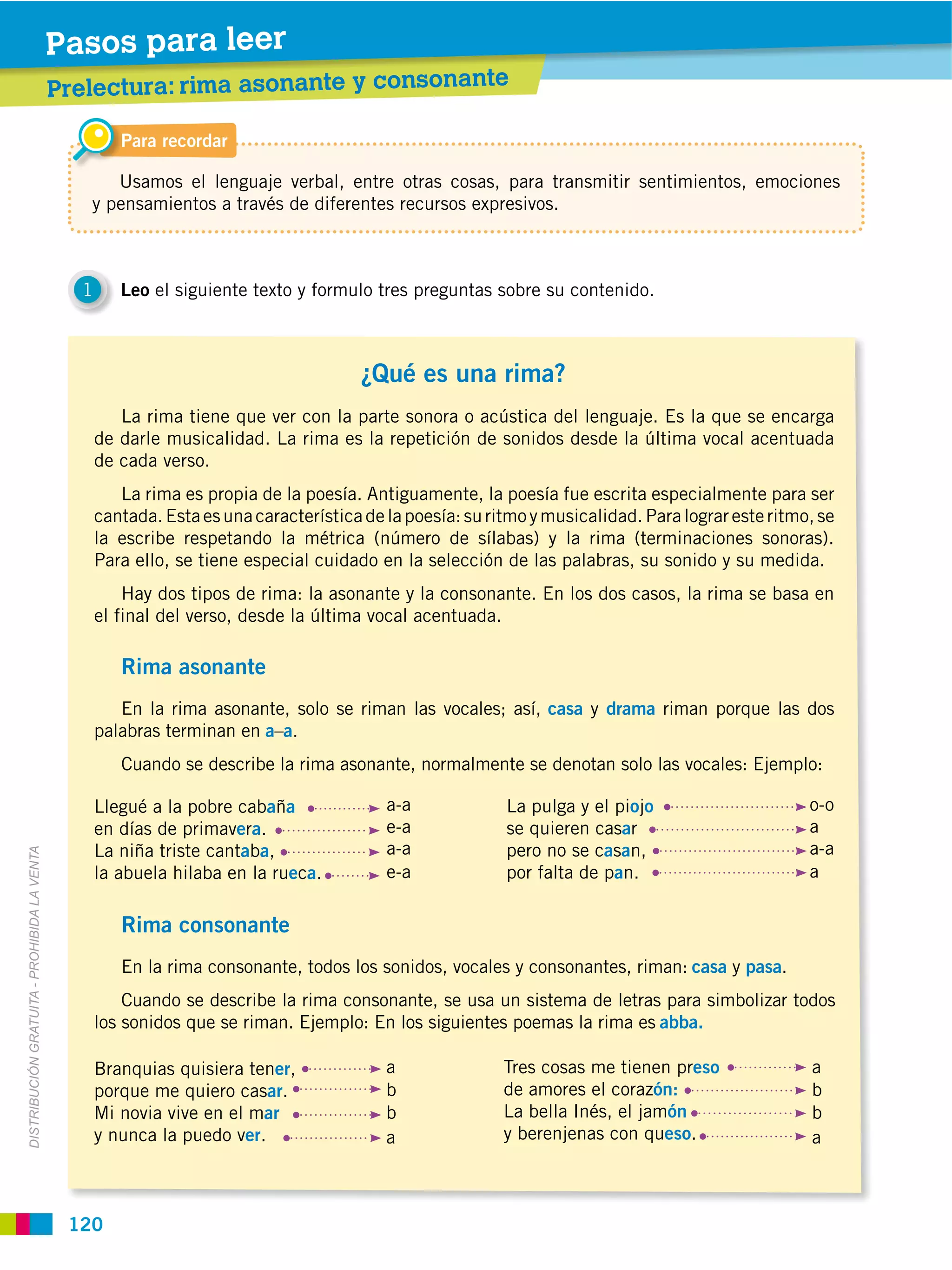 Pasos para leer
                                             Prelectura: rima asonante y consonante

                                                      Para recordar

                                                   Usamos el lenguaje verbal, entre otras cosas, para transmitir sentimientos, emociones
                                                y pensamientos a través de diferentes recursos expresivos.



                                               1      Leo el siguiente texto y formulo tres preguntas sobre su contenido.



                                                                                      ¿Qué es una rima?
                                                      La rima tiene que ver con la parte sonora o acústica del lenguaje. Es la que se encarga
                                                   de darle musicalidad. La rima es la repetición de sonidos desde la última vocal acentuada
                                                   de cada verso.
                                                      La rima es propia de la poesía. Antiguamente, la poesía fue escrita especialmente para ser
                                                   cantada. Esta es una característica de la poesía: su ritmo y musicalidad. Para lograr este ritmo, se
                                                   la escribe respetando la métrica (número de sílabas) y la rima (terminaciones sonoras).
                                                   Para ello, se tiene especial cuidado en la selección de las palabras, su sonido y su medida.
                                                       Hay dos tipos de rima: la asonante y la consonante. En los dos casos, la rima se basa en
                                                   el final del verso, desde la última vocal acentuada.

                                                      Rima asonante
                                                      En la rima asonante, solo se riman las vocales; así, casa y drama riman porque las dos
                                                   palabras terminan en a–a.
                                                      Cuando se describe la rima asonante, normalmente se denotan solo las vocales: Ejemplo:

                                                   Llegué a la pobre cabaña               a-a             La pulga y el piojo                      o-o
                                                   en días de primavera.                  e-a             se quieren casar                         a
                                                   La niña triste cantaba,                a-a             pero no se casan,                        a-a
DISTRIBUCIÓN GRATUITA ­ PROHIBIDA LA VENTA




                                                   la abuela hilaba en la rueca.          e-a             por falta de pan.                        a

                                                      Rima consonante
                                                      En la rima consonante, todos los sonidos, vocales y consonantes, riman: casa y pasa.
                                                       Cuando se describe la rima consonante, se usa un sistema de letras para simbolizar todos
                                                   los sonidos que se riman. Ejemplo: En los siguientes poemas la rima es abba.

                                                   Branquias quisiera tener,              a               Tres cosas me tienen preso               a
                                                   porque me quiero casar.                b               de amores el corazón:                    b
                                                   Mi novia vive en el mar                b               La bella Inés, el jamón                  b
                                                   y nunca la puedo ver.                  a               y berenjenas con queso.                  a



                                              120
 