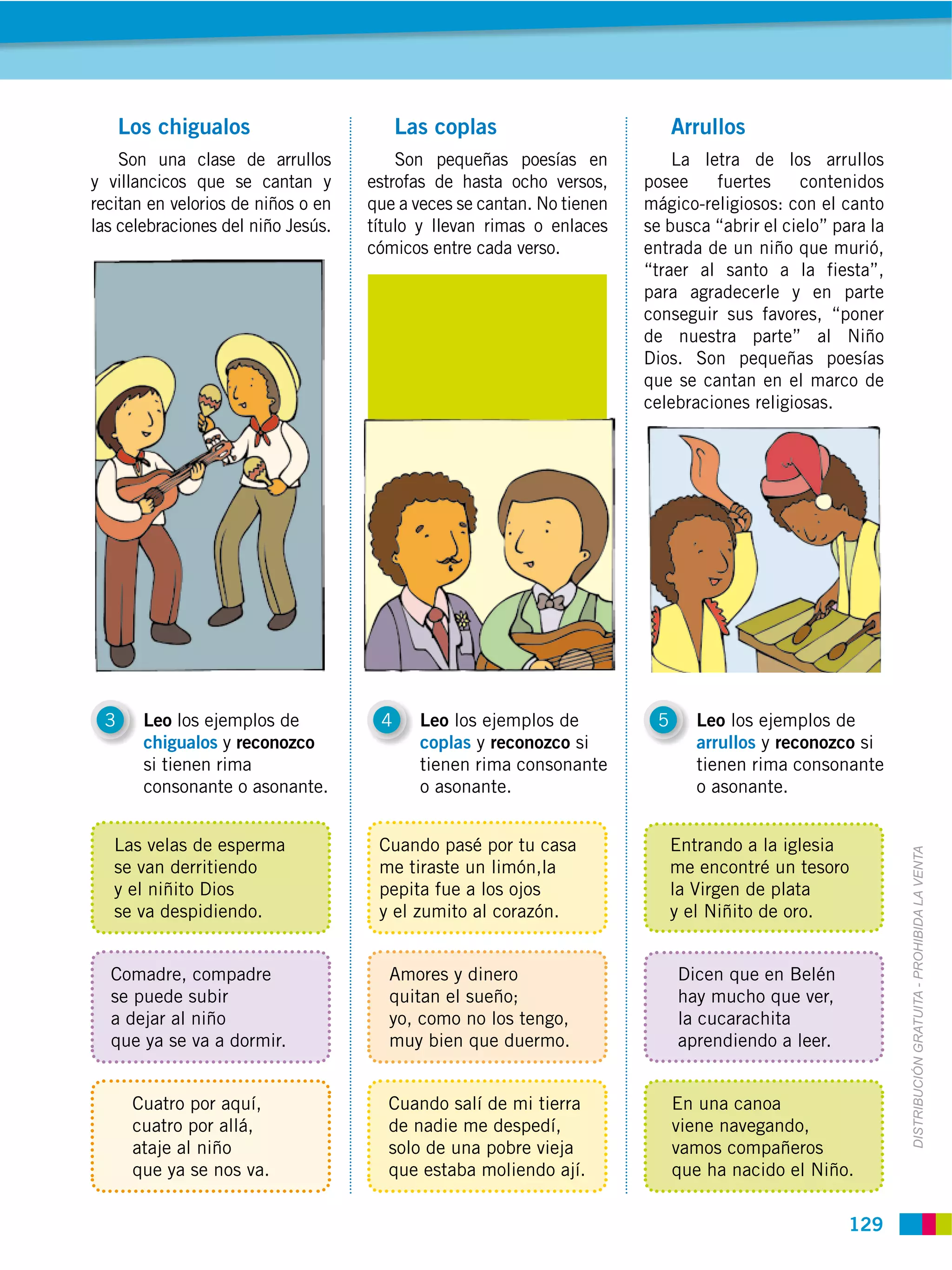 Los chigualos                       Las coplas                         Arrullos
    Son una clase de arrullos           Son pequeñas poesías en            La letra de los arrullos
y villancicos que se cantan y       estrofas de hasta ocho versos,     posee    fuertes     contenidos
recitan en velorios de niños o en   que a veces se cantan. No tienen   mágico-religiosos: con el canto
las celebraciones del niño Jesús.   título y llevan rimas o enlaces    se busca “abrir el cielo” para la
                                    cómicos entre cada verso.          entrada de un niño que murió,
                                                                       “traer al santo a la fiesta”,
                                                                       para agradecerle y en parte
                                                                       conseguir sus favores, “poner
                                                                       de nuestra parte” al Niño
                                                                       Dios. Son pequeñas poesías
                                                                       que se cantan en el marco de
                                                                       celebraciones religiosas.




 3     Leo los ejemplos de           4     Leo los ejemplos de          5      Leo los ejemplos de
       chigualos y reconozco               coplas y reconozco si               arrullos y reconozco si
       si tienen rima                      tienen rima consonante              tienen rima consonante
       consonante o asonante.              o asonante.                         o asonante.


   Las velas de esperma              Cuando pasé por tu casa                Entrando a la iglesia


                                                                                                           DISTRIBUCIÓN GRATUITA ­ PROHIBIDA LA VENTA
   se van derritiendo                me tiraste un limón,la                 me encontré un tesoro
   y el niñito Dios                  pepita fue a los ojos                  la Virgen de plata
   se va despidiendo.                y el zumito al corazón.                y el Niñito de oro.


  Comadre, compadre                   Amores y dinero                       Dicen que en Belén
  se puede subir                      quitan el sueño;                      hay mucho que ver,
  a dejar al niño                     yo, como no los tengo,                la cucarachita
  que ya se va a dormir.              muy bien que duermo.                  aprendiendo a leer.


      Cuatro por aquí,                Cuando salí de mi tierra              En una canoa
      cuatro por allá,                de nadie me despedí,                  viene navegando,
      ataje al niño                   solo de una pobre vieja               vamos compañeros
      que ya se nos va.               que estaba moliendo ají.              que ha nacido el Niño.

                                                                                                   129
 