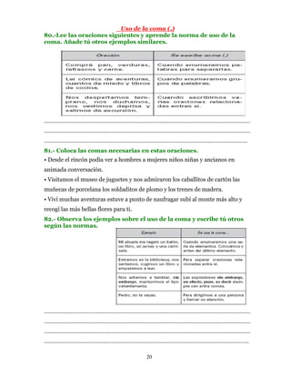 Uso de la coma (,)
80.-Lee las oraciones siguientes y aprende la norma de uso de la
coma. Añade tú otros ejemplos similares.




……………………………………………………………………………………………………………………
……………………………………………………………………………………………………………………
………………………………………………………………………………………………………………….
81.- Coloca las comas necesarias en estas oraciones.
• Desde el rincón podía ver a hombres a mujeres niños niñas y ancianos en
animada conversación.
• Visitamos el museo de juguetes y nos admiraron los caballitos de cartón las
muñecas de porcelana los soldaditos de plomo y los trenes de madera.
• Viví muchas aventuras estuve a punto de naufragar subí al monte más alto y
recogí las más bellas flores para ti.
82.- Observa los ejemplos sobre el uso de la coma y escribe tú otros
según las normas.




……………………………………………………………………………………………………………………
……………………………………………………………………………………………………………………
……………………………………………………………………………………………………………………
…………………………………………………………………………………………………………………..

                                        20
 