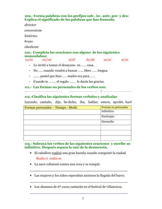 109.- Forma palabras con los prefijos sub-, in-, ante, pre- y des-
Explica el significado de las palabras que has formado.
director
conveniente
histórico
brazo
obediente
110.- Completa las oraciones con alguno de los siguientes
monosílabos:
 tu/tú    mi/mí           el/él      de/dé      se/sé     te/té
   -    Le invité a tomar el desayuno en …… casa.
   -    No ….. cuando vendrá a buscar …... libro …… lengua.
   -    ....... pastel que hizo ….. madre era para ……
   -    Cuando te …….. el regalo ……. le darás las gracias.
111.- Las formas no personales de los verbos son:
……………………..…………… ,         …………………………… y ……………………………
112.-Clasifica las siguientes formas verbales y analízalas
Leyendo, cantado, dije, he dicho, iba, hablar, estuve, aprobé, haré
Formas personales – Tiempo - Modo                       Formas no personales
                                                        Infinitivo
                                                        Participio
                                                        Gerundio




113.- Subraya los verbos de las siguientes oraciones y escribe su
infinitivo. Después separa la raíz de la desinencia.
   • El caballero realizó una gran hazaña cuando conquistó la ciudad.
           Realiz-ó realiz-ar
   • La nave colisionó contra una roca y se rompió.
   _______________________________________________
   • Las mujeres y los niños esperaban ansiosos la llegada del barco.
   _______________________________________________
   • Los alumnos de 6º curso cantarán en el festival de villancicos.
   _______________________________________________
                                           2
 