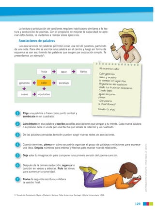 La lectura y producción de canciones requiere habilidades similares a la lec-
tura y producción de poemas. Con el propósit...