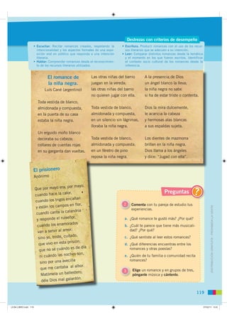 Destrezas con criterios de desempeño
                   • Escuchar: Recitar romances creados, respetando la        • Escri...