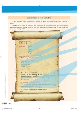 Estructura de la obra dramática

                                                   La obra dramática posee una estructura especial, es decir, está construida de forma particular y
                                                propia.
                                                    Los actos son las partes de la historia. Son una especie de capítulos distintos, que muestran cómo
                                                se va desarrollando la historia. Dentro de cada acto pueden encontrarse distintas escenas. Un acto se
                                                termina cuando baja el telón.




                                                                BODAS DE SANGRE
                                                                De: Federico García Lorca

                                                                Personajes          dre
                                                                                Madre
                                                                                Madre
                                                                                Novia
                                                                                Noviia
                                                                                  ovi
                                                                                Novia
                                                                                No vio
                                                                                No i
                                                                                  ovi
                                                                                Novio
                                                                                    na
                                                                                Vecina
                                                                                V cina
                                                                                Vecina
                                                                                Sue
                                                                                Suegra
                                                                                S

                                                                ACTO PRIMERO. CUADRO PRIMERO
                                                                                    a de amarillo
                                                                   Habitación pintada de amarillo
                                                                                            rl
                                                                                          maril

                                                                   Novio: (entrando) Madre
                                                                   Novio: (entrand Madre
                                                                   Novio: ntrando) Madrer
                                                                     adre: Qu ?
                                                                   Madre: ¿Qué?
                                                                   Madre ¿Qué?
                                                                         e:
                                                                   Novio: Me voy
                                                                   Novio Me vo
                                                                    o i
                                                                   Novio:      voy
                                                                   Madr
                                                                   M
                                                                   Madrer : ¿A donde?

                                                                    (...)

                                                                    Novio: Vamos a otro asunto.
                                                                    Madre: Y las escopetas, y las pistolas, y el cuchi-
                                                                                                                   las           uch
                                                                                                                             el cuchi-
  DISTRIBUCIÓN GRATUITA - PROHIBIDA LA VENTA




                                                                                                                  olas
                                                                                                                    as,
                                                                    llo más pequeño, y hasta las a    zada
                                                                                                      zadaas lo bieldo de la era.
                                                                                                  as azadas
                                                                                                   s            los bieldo
                                                                                                                        ldos
                                                                                                                     bieldos       ra.
                                                                                                      zadas y l s bield s de la era.
                                                                    (diciendo l público este cree qu no
                                                                    (diciendo al público) este cree que no
                                                                           d
                                                                        iend
                                                                    (diciend      ú lico ste r que
                                                                                    lico             ue    se lo que ha o.
                                                                                                           se lo que hago.
                                                                                                                        ag
                                                                                                                  ue hago.
                                                                    Novio: Bueno

                                                                 ACTO TERCERO. CUADRO SEGUNDO
                                                                            ERO.
                                                                    Madre: y apenas cabe en la mano, pero que penetra frío, por
                                                                       adre: apenas cabe en a mano, pero qu penetr f ío po
                                                                        dre
                                                                          r     penas abe
                                                                                   a                ano er que penetra frío, por
                                                                                                     no, ero               r
                                                                                                                          tra
                                                                    las
                                                                     a
                                                                    las carnes asombradas, y allí se para, en el sitio, donde tiembla
                                                                        carnes asombradas, allí e para en l sitio, dond tiembl
                                                                         arn s s b adas, a      l     ar
                                                                                                     para,                   d em
                                                                                                                   ti donde tiembla
                                                                    enmaraña
                                                                    enmara
                                                                         a
                                                                    enmara  ñada, la oscura raíz del grito,
                                                                            ñada,     scur a z l rito   to
                                                                            ñada, a oscura raíz del grito,
                                                                    (Las vecinas arrodilladas en el sueloo lloran)
                                                                 Telón




                                               196
                                                 6


L9 B6 LIBRO.indd 196                                                                                                                                     07/02/11 14:34
 