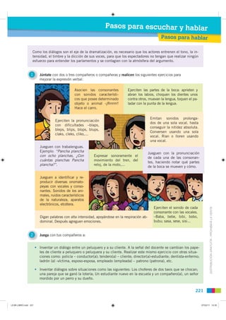 Pasos para escuchar y hablar
                                                                                                        Pasos para hablar

                   Como los diálogos son el eje de la dramatización, es necesario que los actores entrenen el tono, la in-
                   tensidad, el timbre y la dicción de sus voces, para que los espectadores no tengan que realizar ningún
                   esfuerzo para entender los parlamentos y se contagien con la atmósfera del argumento.


                 1        Júntate con dos o tres compañeros o compañeras y realicen los siguientes ejercicios para
                          mejorar la expresión verbal.

                                                Asocien las consonantes          Ejerciten las partes de la boca: aprieten y
                                                con sonidos característi-        abran los labios, choquen los dientes unos
                                                cos que posee determinado        contra otros, muevan la lengua, toquen el pa-
                                                objeto o animal -¡Rrrrrrr!       ladar con la punta de la lengua.
                                                Hace el carro.

                                                                                                  Emitan sonidos prolonga-
                                    Ejerciten la pronunciación
                                                                                                  dos de una sola vocal, hasta
                                    con dificultades –blaps,
                                                                                                  conseguir la nitidez absoluta.
                                    bleps, blips, blops, blups,
                                                                                                  Conversen usando una sola
                                    claks, cleks, cliks,...
                                                                                                  vocal. Rían o lloren usando
                                                                                                  una vocal.
                          Jueguen con trabalenguas.
                          Ejemplo: “Pancha plancha
                                                                                                 Jueguen con la pronunciación
                          con ocho planchas, ¿Con           Expresar sonoramente el
                                                                                                 de cada una de las consonan-
                          cuántas planchas Pancha           movimiento del tren, del
                                                                                                 tes, haciendo notar qué partes
                          plancha?”.                        reloj, de la moto,...
                                                                                                 de la boca se mueven y cómo.

                          Jueguen a identificar y re-
                          producir diversas onomato-
                          peyas con vocales y conso-
                          nantes. Sonidos de los ani-
                          males, ruidos característicos
                          de la naturaleza, aparatos
                          electrónicos, etcétera.
                                                                                                    Ejerciten el sonido de cada
                                                                                                    consonante con las vocales.           DISTRIBUCIÓN GRATUITA - PROHIBIDA LA VENTA

                          Digan palabras con alta intensidad, apoyándose en la respiración ab-      –Baba, bebe, bibi, bobo,
                          dominal. Después agreguen emociones.                                      bubu; sasa, sese, sisi...


                 2        Juega con tus compañeros a:


                       • Inventar un diálogo entre un peluquero y a su cliente. A la señal del docente se cambian los pape-
                         les de cliente a peluquero o peluquera y su cliente. Realizar este mismo ejercicio con otras situa-
                         ciones como: policía – conductor(a); tendero(a) – cliente; director(a)-estudiante; dentista-enfermo;
                         ladrón (a) -víctima, esposo-esposa, empleado (empleada) – patrono (patrona), etc.

                       • Inventar diálogos sobre situaciones como las siguientes: Los choferes de dos taxis que se chocan;
                         una pareja que se ganó la lotería; Un estudiante nuevo en la escuela y un compañero(a), un señor
                         mordido por un perro y su dueño.


                                                                                                                              221


L9 B6 LIBRO.indd 221                                                                                                               07/02/11 14:35
 