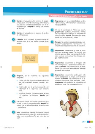Pasos para leer
                                                                            Poslectura: Comprensión del texto

                 1     Escribe, en tu cuaderno, los nombres de los per-      7   Representa, con tu pareja de trabajo, la obra
                       sonajes de la obra “El caballero y el ferretero” y        “El caballero y el ferretero” con tus acotacio-
                       una pequeña caracterización de cada uno de es-            nes y apartados.
                       tos personajes. Comparte tu trabajo con el resto
                       de la clase.
                                                                             8   Al usar la estrategia de “lluvia de ideas”,
                                                                                 propón todas las frases, modismos y formas
                 2     Escribe, en tu cuaderno, un resumen de la obra            de hablar típicos que tenga un vendedor del
                       de 120 palabras.                                          lugar que vives. Incluye, en una nueva repre-
                                                                                 sentación, estas palabras y frases.
                 3     Completa, en tu cuaderno, el gráfico con las es-
                       pecificaciones de lo que quería comprar el ca-        9   Compara las acotaciones y apartados que pro-
                       ballero.                                                  pusieron tus compañeros y compañeras y su
                                                                                 impacto en las representaciones de sus obras.

                                                                            10   Representen, nuevamente, la obra, al intro-
                                                                                 ducir un personaje nuevo. Por ejemplo: otro
                                                                                 cliente apurado. Esta representación la ha-
                                                                                 cen, primero, sin modificar los diálogos, lue-
                                   Sistema para el
                                                                                 go, modificándolos.
                                   cierre automáti-
                                    co de puertas
                                                                            11   Representen, nuevamente, la obra pero esta
                                                                                 vez la compradora y la vendedora son dos mu-
                                                                                 jeres. Comenten las diferencias en la repre-
                                                                                 sentación cuando los personajes son hombres
                                                                                 y cuando son mujeres.


                 4                                                          12   Representen, nuevamente, la obra, pero esta
                       Responde, en tu cuaderno, las siguientes
                                                                                 vez la compradora es mujer y el vendedor
                       preguntas:
                                                                                 hombre. Comenten las diferencias en la re-
                       a. ¿Sirvió de algo que el caballero explicara             presentación con las otras versiones. Luego,
                          qué tipo de aparato deseaba comprar? ¿Por              representen con el cambio de los papeles: la
                          qué?                                                   vendedora mujer y el comprador hombre.
                       b. ¿Cuál debió ser la primera pregunta del
                          caballero? Y la respuesta del ferretero                                                                    DISTRIBUCIÓN GRATUITA - PROHIBIDA LA VENTA

                          sería...
                       c. ¿Cuántas escenas y cuadros tiene la obra
                          “El caballero y el ferretero”? Explica por-
                          qué.

                 5     Lee la obra con las acotaciones y apartados que
                       hiciste tú con tu pareja de trabajo. Mejoren su
                       trabajo con la retroalimentación de su docente
                       y compañeros.


                 6     Imita los gestos y maneras de uso del cuerpo
                       que, generalmente, usan las personas que tra-
                       bajan como vendedores. ¿Por qué crees que los
                       usa?

                                                                                                                          203


L9 B6 LIBRO.indd 203                                                                                                          07/02/11 14:35
 