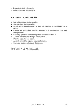 CEIP EL ROMERAL 15
- Tratamiento de la información.
- Interacción con el mundo físico.
CRITERIOS DE EVALUACIÓN
• Lee fluidamente un texto narrativo.
• Comprende un texto narrativo.
• Amplía el vocabulario básico a partir de palabras y expresiones de la
lectura.
• Conoce los principales tiempos verbales y su clasificación. Las tres
conjugaciones.
• Conoce y aplica las normas ortográficas sobre el uso de la y.
• Aprende los conceptos de sigla y abreviatura.
• Planifica y escribe una reseña.
• Aprende e identifica algunos recursos literarios.
• Interpreta las abreviaturas del diccionario.
PROPUESTA DE ACTIVIDADES:
 