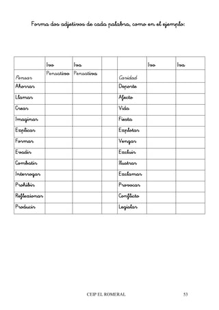 CEIP EL ROMERAL 53
Forma dos adjetivos de cada palabra, como en el ejemplo:Forma dos adjetivos de cada palabra, como en el ejemplo:Forma dos adjetivos de cada palabra, como en el ejemplo:Forma dos adjetivos de cada palabra, como en el ejemplo:
IvoIvoIvoIvo IvaIvaIvaIva IvoIvoIvoIvo IvaIvaIvaIva
Pensar
Pensativoivoivoivo Pensativaivaivaiva
Caridad
AhorrarAhorrarAhorrarAhorrar DeporteDeporteDeporteDeporte
LlamarLlamarLlamarLlamar AfectoAfectoAfectoAfecto
CrearCrearCrearCrear VidaVidaVidaVida
ImaginarImaginarImaginarImaginar FiestaFiestaFiestaFiesta
ExplicarExplicarExplicarExplicar ExplotarExplotarExplotarExplotar
FormarFormarFormarFormar VengarVengarVengarVengar
EvadirEvadirEvadirEvadir ExcluirExcluirExcluirExcluir
CombatirCombatirCombatirCombatir IlustrarIlustrarIlustrarIlustrar
InterrogarInterrogarInterrogarInterrogar ExclamarExclamarExclamarExclamar
ProhibirProhibirProhibirProhibir ProvocarProvocarProvocarProvocar
ReflexionarReflexionarReflexionarReflexionar ConflictoConflictoConflictoConflicto
ProducirProducirProducirProducir LegislarLegislarLegislarLegislar
 
