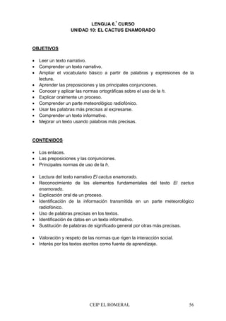 CEIP EL ROMERAL 56
LENGUA 6.º
CURSO
UNIDAD 10: EL CACTUS ENAMORADO
OBJETIVOS
• Leer un texto narrativo.
• Comprender un texto narrativo.
• Ampliar el vocabulario básico a partir de palabras y expresiones de la
lectura.
• Aprender las preposiciones y las principales conjunciones.
• Conocer y aplicar las normas ortográficas sobre el uso de la h.
• Explicar oralmente un proceso.
• Comprender un parte meteorológico radiofónico.
• Usar las palabras más precisas al expresarse.
• Comprender un texto informativo.
• Mejorar un texto usando palabras más precisas.
CONTENIDOS
• Los enlaces.
• Las preposiciones y las conjunciones.
• Principales normas de uso de la h.
• Lectura del texto narrativo El cactus enamorado.
• Reconocimiento de los elementos fundamentales del texto El cactus
enamorado.
• Explicación oral de un proceso.
• Identificación de la información transmitida en un parte meteorológico
radiofónico.
• Uso de palabras precisas en los textos.
• Identificación de datos en un texto informativo.
• Sustitución de palabras de significado general por otras más precisas.
• Valoración y respeto de las normas que rigen la interacción social.
• Interés por los textos escritos como fuente de aprendizaje.
 