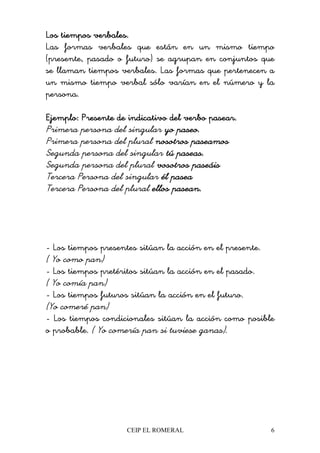 CEIP EL ROMERAL 6
Los tiempos verbales.Los tiempos verbales.Los tiempos verbales.Los tiempos verbales.
Las formas verbales que están en un mismo tiempo
(presente, pasado o futuro) se agrupan en conjuntos que
se llaman tiempos verbales. Las formas que pertenecen a
un mismo tiempo verbal sólo varían en el número y la
persona.
EEEEjemplo: Presente de indicativo del verbo pasear.jemplo: Presente de indicativo del verbo pasear.jemplo: Presente de indicativo del verbo pasear.jemplo: Presente de indicativo del verbo pasear.
Primera persona del singular yo paseo.yo paseo.yo paseo.yo paseo.
Primera persona del plural nosotros paseamosnosotros paseamosnosotros paseamosnosotros paseamos
Segunda persona del singular ttttúúúú paseas.paseas.paseas.paseas.
Segunda persona del plural vosotros paseáisvosotros paseáisvosotros paseáisvosotros paseáis
Tercera Persona del singular éééél paseal paseal paseal pasea
Tercera Persona del plural ellos pasean.ellos pasean.ellos pasean.ellos pasean.
- Los tiempos presentes sitúan la acción en el presente.
( Yo como pan)
- Los tiempos pretéritos sitúan la acción en el pasado.
( Yo comía pan)
- Los tiempos futuros sitúan la acción en el futuro.
(Yo comeré pan)
- Los tiempos condicionales sitúan la acción como posible
o probable. ( Yo comería pan si tuviese ganas).
 