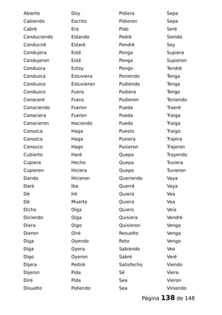 Abierto
Cabiendo
Cabré
Conduciendo
Conduciré
Condujera
Condujeron
Conduzca
Conduzca
Conduzco
Conduzco
Conoceré
Conociendo
Conociera
Conocieron
Conozca
Conozca
Conozco
Cubierto
Cupiera
Cupieron
Dando
Daré
Dé
Dé
Dicho
Diciendo
Diera
Dieron
Diga
Diga
Digo
Dijera
Dijeron
Diré
Disuelto
Doy
Escrito
Era
Estando
Estaré
Esté
Esté
Estoy
Estuviera
Estuvieron
Fuera
Fuera
Fueron
Fueron
Haciendo
Haga
Haga
Hago
Haré
Hecho
Hiciera
Hicieron
Iba
Iré
Muerto
Oiga
Oiga
Oigo
Oiré
Oyendo
Oyera
Oyeron
Pediré
Pida
Pida
Pidiendo
Pidiera
Pidieron
Pido
Podré
Pondré
Ponga
Ponga
Pongo
Poniendo
Pudiendo
Pudiera
Pudieron
Pueda
Pueda
Puedo
Puesto
Pusiera
Pusieron
Quepa
Quepa
Quepo
Queriendo
Querré
Quiera
Quiera
Quiero
Quisiera
Quisieron
Resuelto
Roto
Sabiendo
Sabré
Satisfecho
Sé
Sea
Sea
Sepa
Sepa
Seré
Siendo
Soy
Supiera
Supieron
Tendré
Tenga
Tenga
Tengo
Teniendo
Traeré
Traiga
Traiga
Traigo
Trajera
Trajeron
Trayendo
Tuviera
Tuvieron
Vaya
Vaya
Vea
Vea
Veía
Vendré
Venga
Venga
Vengo
Veo
Veré
Viendo
Viera
Vieron
Viniendo
Página 138 de 148
 