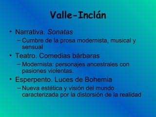 Valle-Inclán Narrativa.  Sonatas Cumbre de la prosa modernista, musical y sensual Teatro. Comedias bárbaras Modernista: personajes ancestrales con pasiones violentas. Esperpento. Luces de Bohemia Nueva estética y visión del mundo caracterizada por la distorsión de la realidad 
