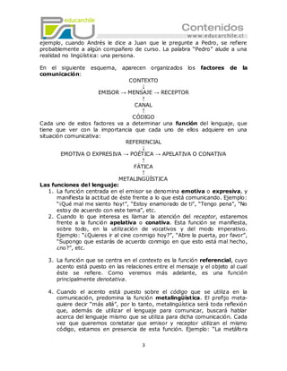 ejemplo, cuando Andrés le dice a Juan que le pregunte a Pedro, se refiere
probablemente a algún compañero de curso. La palabra ―Pedro‖ alude a una
realidad no lingüística: una persona.

En el siguiente    esquema,    aparecen organizados      los   factores   de   la
comunicación:
                                   CONTEXTO
                                         ↓
                       EMISOR → MENSAJE → RECEPTOR
                                         ↑
                                      CANAL
                                         ↑
                                     CÓDIGO
Cada uno de estos factores va a determinar una función del lenguaje, que
tiene que ver con la importancia que cada uno de ellos adquiere en una
situación comunicativa:
                                  REFERENCIAL
                                         ↓
         EMOTIVA O EXPRESIVA → POÉTICA → APELATIVA O CONATIVA
                                         ↑
                                      FÁTICA
                                         ↑
                                METALINGÜÍSTICA
Las funciones del lenguaje:
    1. La función centrada en el emisor se denomina emotiva o expresiva, y
       manifiesta la actitud de éste frente a lo que está comunicando. Ejemplo:
       ―¡Qué mal me siento hoy!‖, ―Estoy enamorado de ti‖, ―Tengo pena‖, ―No
       estoy de acuerdo con este tema‖, etc.
    2. Cuando lo que interesa es llamar la atención del receptor, estaremos
       frente a la función apelativa o conativa. Esta función se manifiesta,
       sobre todo, en la utilización de vocativos y del modo imperativo.
       Ejemplo: ―¿Quieres ir al cine conmigo hoy?‖, ―Abre la puerta, por favor‖,
       ―Supongo que estarás de acuerdo conmigo en que esto está mal hecho,
       ¿no?‖, etc.

   3. La función que se centra en el contexto es la función referencial, cuyo
      acento está puesto en las relaciones entre el mensaje y el objeto al cual
      éste se refiere. Como veremos más adelante, es una función
      principalmente denotativa.

   4. Cuando el acento está puesto sobre el código que se utiliza en la
      comunicación, predomina la función metalingüística. El prefijo meta-
      quiere decir ―más allá‖, por lo tanto, metalingüística será toda reflexión
      que, además de utilizar el lenguaje para comunicar, buscará hablar
      acerca del lenguaje mismo que se utiliza para dicha comunicación. Cada
      vez que queremos constatar que emisor y receptor utilizan el mismo
      código, estamos en presencia de esta función. Ejemplo: ―La metáfo ra


                                       3
 