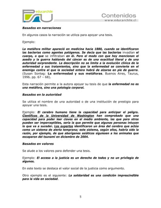 Basados en narraciones

En algunos casos la narración se utiliza para apoyar una tesis.

Ejemplo:

La metáfora militar apareció en medicina hacia 1880, cuando se identificaron
las bacterias como agentes patógenos. Se decía que las bacterias invadían el
cuerpo, o que se infiltraban en él. Pero el modo con que hoy mencionan el
asedio y la guerra hablando del cáncer es de una exactitud literal y de una
autoridad sorprendente. La descripción no se limita a la evolución clínica de la
enfermedad y sus tratamientos, sino que la enfermedad se convierte en el
enemigo contra el que la sociedad entera habrá de alzarse en pie de guerra.
(Susan Sontag: La enfermedad y sus metáforas. Buenos Aires, Taurus,
1996. pp. 67 – 68).

Esta narración permite a la autora apoyar su tesis de que la enfermedad no es
una metáfora, sino una patología corporal.

Basados en la autoridad

Se utiliza el nombre de una autoridad o de una institución de prestigio para
apoyar una tesis.

Ejemplo: El cerebro humano tiene la capacidad para anticipar el peligro.
Científicos de la Universidad de Washington han comprobado que una
capacidad para poder leer claves en el medio ambiente, las que para otros
pueden ser imperceptibles, sería la que permite que algunas personas intuyan
lo que va a suceder. Los expertos identificaron un área del cerebro que actúa
como un sistema de alerta temprana; este sistema, según ellos, habría sido la
razón, por ejemplo, de que aborígenes asiáticos siguiesen a los animales que
escaparon del tsunami en diciembre de 2004.

Basados en valores

Se alude a los valores para defender una tesis.

Ejemplo: El acceso a la justicia es un derecho de todos y no un privilegio de
algunos.

En este texto se destaca el valor social de la justicia como argumento.

Otro ejemplo es el siguiente: La solidaridad es una condición imprescindible
para la vida en sociedad.




                                       5
 