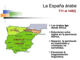 La España árabe
711 al 1492)
Los árabes l
l
e
g
a
n
desde África.
Estuvieron ocho
siglos en la península
ibérica.
Separan la península
en mozárabes y
cristianos no
sometidos.
Favorecen l
a
fragmentación
lingüística.
 