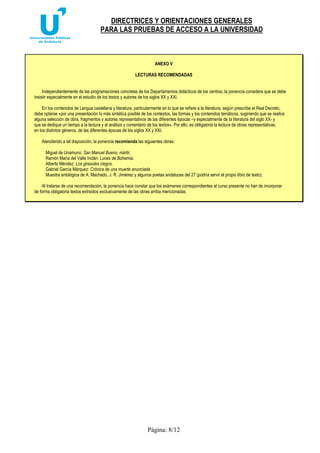 DIRECTRICES Y ORIENTACIONES GENERALES 
PARA LAS PRUEBAS DE ACCESO A LA UNIVERSIDAD 
ANEXO V 
LECTURAS RECOMENDADAS 
Independientemente de las programaciones concretas de los Departamentos didácticos de los centros, la ponencia considera que se debe 
insistir especialmente en el estudio de los textos y autores de los siglos XX y XXI. 
En los contenidos de Lengua castellana y literatura, particularmente en lo que se refiere a la literatura, según prescribe el Real Decreto, 
debe optarse «por una presentación lo más sintética posible de los contextos, las formas y los contenidos temáticos, sugiriendo que se realice 
alguna selección de obra, fragmentos y autores representativos de las diferentes épocas –y especialmente de la literatura del siglo XX- y 
que se dedique un tiempo a la lectura y al análisis y comentario de los textos». Por ello, es obligatoria la lectura de obras representativas, 
en los distintos géneros, de las diferentes épocas de los siglos XX y XXI. 
Atendiendo a tal disposición, la ponencia recomienda las siguientes obras: 
Miguel de Unamuno: San Manuel Bueno, mártir. 
Ramón María del Valle Inclán: Luces de Bohemia. 
Alberto Méndez: Los girasoles ciegos. 
Gabriel García Márquez: Crónica de una muerte anunciada. 
Muestra antológica de A. Machado, J. R. Jiménez y algunos poetas andaluces del 27 (podría servir el propio libro de texto). 
Al tratarse de una recomendación, la ponencia hace constar que los exámenes correspondientes al curso presente no han de incorporar 
de forma obligatoria textos extraídos exclusivamente de las obras arriba mencionadas. 
Página: 8/12 
 