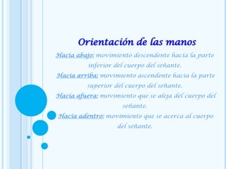Orientación de las manos
Hacia abajo: movimiento descendente hacia la parte
inferior del cuerpo del señante.
Hacia arriba: movimiento ascendente hacia la parte
superior del cuerpo del señante.
Hacia afuera: movimiento que se aleja del cuerpo del
señante.
Hacia adentro: movimiento que se acerca al cuerpo
del señante.
 