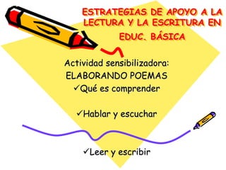 ESTRATEGIAS DE APOYO A LA
    LECTURA Y LA ESCRITURA EN
             EDUC. BÁSICA

Actividad sensibilizadora:
ELABORANDO POEMAS
  Qué es comprender

   Hablar y escuchar



    Leer y escribir
 