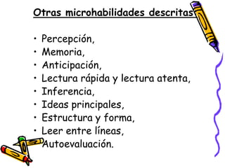 Otras microhabilidades descritas:

•   Percepción,
•   Memoria,
•   Anticipación,
•   Lectura rápida y lectura atenta,
•   Inferencia,
•   Ideas principales,
•   Estructura y forma,
•   Leer entre líneas,
•   Autoevaluación.
 