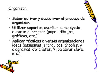 Organizar.

• Saber activar y desactivar el proceso de
  organizar.
• Utilizar soportes escritos como ayuda
  durante el proceso (papel, dibujos,
  gráficos, etc.).
• Aplicar técnicas diversas organizaciones
  ideas (esquemas jerárquicos, árboles, y
  diagramas, Corchetes, V, palabras clave,
  etc.).
 