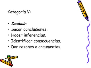 Categoría V:

•   Deducir.
•   Sacar conclusiones.
•   Hacer inferencias.
•   Identificar consecuencias.
•   Dar razones o argumentos.
 