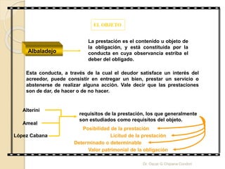 EL OBJETO
Albaladejo
La prestación es el contenido u objeto de
la obligación, y está constituida por la
conducta en cuya observancia estriba el
deber del obligado.
Esta conducta, a través de la cual el deudor satisface un interés del
acreedor, puede consistir en entregar un bien, prestar un servicio o
abstenerse de realizar alguna acción. Vale decir que las prestaciones
son de dar, de hacer o de no hacer.
Alterini
Ameal
López Cabana
requisitos de la prestación, los que generalmente
son estudiados como requisitos del objeto.
Posibilidad de la prestación
Determinado o determinable
Licitud de la prestación
Valor patrimonial de la obligación
Dr. Oscar G Chipana Condori
 
