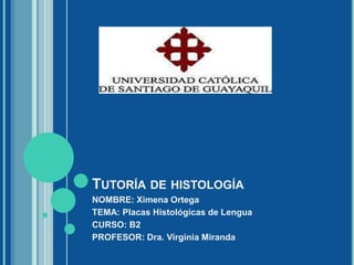 TUTORÍA DE HISTOLOGÍA
NOMBRE: Ximena Ortega
TEMA: Placas Histológicas de Lengua
CURSO: B2
PROFESOR: Dra. Virginia Miranda
 