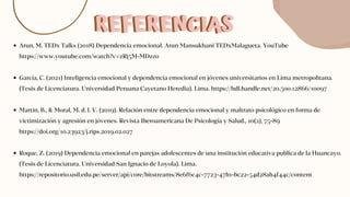 REFERENCIAS
Arun, M. TEDx Talks (2018) Dependencia emocional. Arun Mansukhani TEDxMalagueta. YouTube
https://www.youtube.com/watch?v=zRj5M-MDzzo
García, C. (2021) Inteligencia emocional y dependencia emocional en jóvenes universitarios en Lima metropolitana.
(Tesis de Licenciatura. Universidad Peruana Cayetano Heredia). Lima. https://hdl.handle.net/20.500.12866/10097
Martín, B., & Moral, M. d. l. V. (2019). Relación entre dependencia emocional y maltrato psicológico en forma de
victimización y agresión en jóvenes. Revista Iberoamericana De Psicología y Salud., 10(2), 75-89
https://doi.org/10.23923/j.rips.2019.02.027
Roque, Z. (2019) Dependencia emocional en parejas adolescentes de una institución educativa publica de la Huancayo.
(Tesis de Licenciatura. Universidad San Ignacio de Loyola). Lima.
https://repositorio.usil.edu.pe/server/api/core/bitstreams/8e6f6c4c-7723-47b1-bc22-54d28ab4f44c/content
REFERENCIAS
 