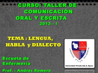 CURSO: TALLER DE
COMUNICACIÓN
ORAL Y ESCRITA
2013 - I

TEMA : LENGUA,
HABLA y DIALECTO
Escuela de
Enfermería
Prof. : Andrés Romero

 