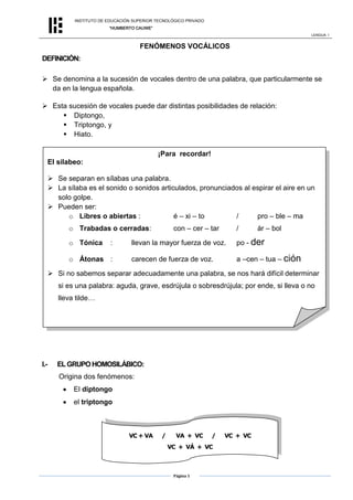 INSTITUTO DE EDUCACIÓN SUPERIOR TECNOLÓGICO PRIVADO
                           “HUMBERTO CAUWE”
                                                                                                 LENGUA I


                                       FENÓMENOS VOCÁLICOS
DEFINICIÓN:

 Se denomina a la sucesión de vocales dentro de una palabra, que particularmente se
  da en la lengua española.

 Esta sucesión de vocales puede dar distintas posibilidades de relación:
      Diptongo,
      Triptongo, y
      Hiato.

                                              ¡Para recordar!
      El silabeo:

       Se separan en sílabas una palabra.
       La sílaba es el sonido o sonidos articulados, pronunciados al espirar el aire en un
        solo golpe.
       Pueden ser:
           o Libres o abiertas :              é – xi – to       /      pro – ble – ma
            o Trabadas o cerradas:                   con – cer – tar       /      ár – bol

            o Tónica         :      llevan la mayor fuerza de voz.         po - der

            o Átonas :              carecen de fuerza de voz.              a –cen – tua – ción

       Si no sabemos separar adecuadamente una palabra, se nos hará difícil determinar
         si es una palabra: aguda, grave, esdrújula o sobresdrújula; por ende, si lleva o no
         lleva tilde…


             Cuando aparecen palabras con concurrencia vocálica se nos complica el
                silabeo óptimo de las palabras, por ello, trabajemos con diligencia lo
                siguiente.

I.-      EL GRUPO HOMOSILÁBICO:
         Origina dos fenómenos:
              El diptongo
              el triptongo



                                   VC + VA      /     VA + VC       /   VC + VC
                                                    VC + VÁ + VC



                                                     Página 1
 