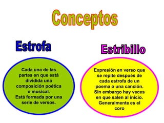 Cada una de las      Expresión en verso que
 partes en que está      se repite después de
    dividida una          cada estrofa de un
composición poética     poema o una canción.
      o musical.       Sin embargo hay veces
Está formada por una    en que salen al inicio.
  serie de versos.        Generalmente es el
                                  coro
 