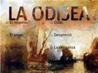 o El respeto.
o El amor.
o Lealtad.
o Odio.
o Despreció
o La venganza
 