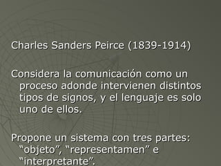 Charles Sanders PPeeiirrccee ((11883399--11991144)) 
CCoonnssiiddeerraa llaa ccoommuunniiccaacciióónn ccoommoo uunn 
pprroocceessoo aaddoonnddee iinntteerrvviieenneenn ddiissttiinnttooss 
ttiippooss ddee ssiiggnnooss,, yy eell lleenngguuaajjee eess ssoolloo 
uunnoo ddee eellllooss.. 
PPrrooppoonnee uunn ssiisstteemmaa ccoonn ttrreess ppaarrtteess:: 
““oobbjjeettoo””,, ““rreepprreesseennttaammeenn”” ee 
““iinntteerrpprreettaannttee””.. 
 